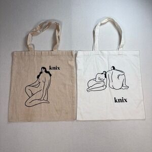 Lot of 2 Knix Shopper Tote Bag White Beige‎ Cotton Shopping Graphic Print